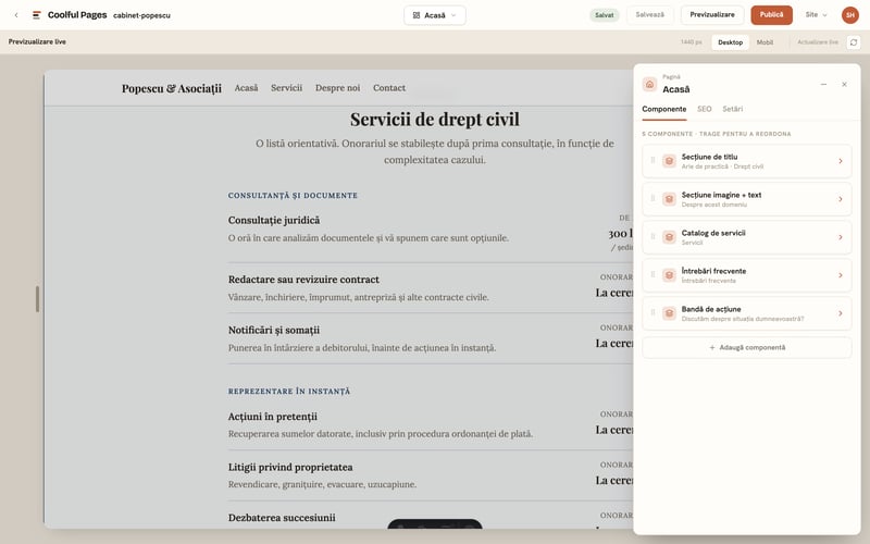 Editorul Coolful Pages cu previzualizare live